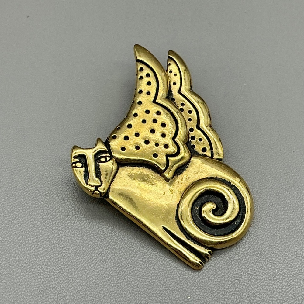 Laurel Burch Brooch Women Gold Winged Cat Spotted Mythical Creature Vintage - Picture 3 of 7